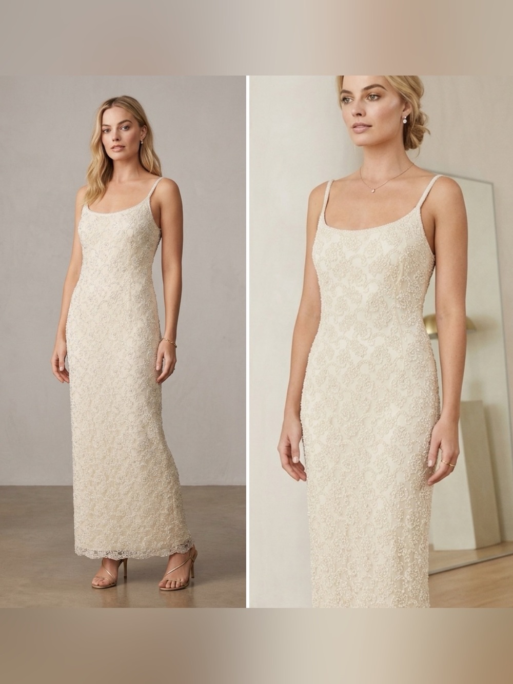 Icara Women’s 10 Vintage Ivory Lace Hand Beaded Formal Sheath Gown Evening Dress